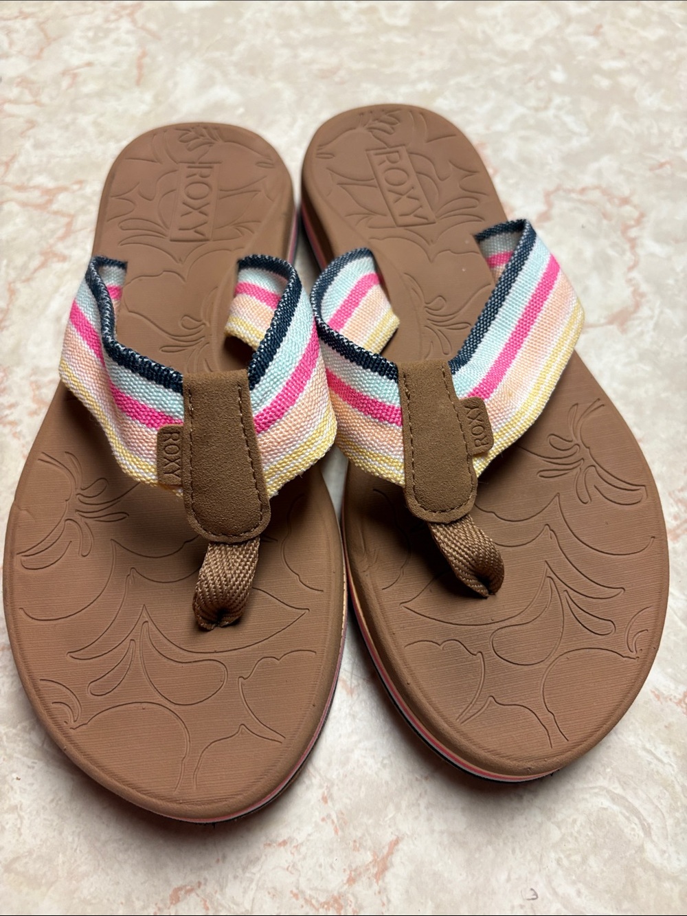 Roxy Kids Brown Flip Flops with Pink, Yellow & Navy Striped Straps